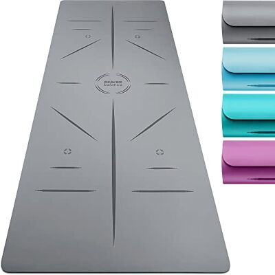 Balance Rubber Yoga Mat with Asana Alignment Lines Extra Wide Non Slip with Roll Strap (Grey) Balance Rubber Yoga Mat with Asana Alignment Lines Extra Wide Non Slip with Roll Strap (Grey)