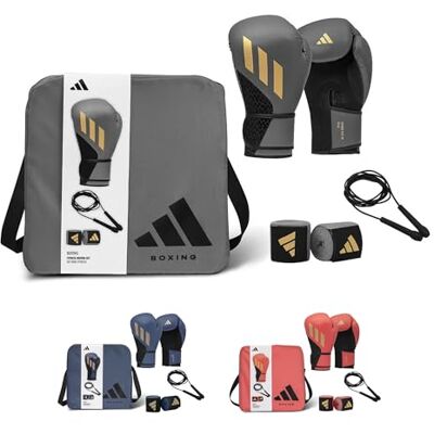 adidas Boxing Set Speed Tilt 200 12oz Boxing Gloves, 350cm Hand Wraps, and Skipping Rope Packaged in Recycled Polyester Tote Bag Ideal for Boxing Training and Sparring Grey adidas Boxing Set Speed Tilt 200 12oz Boxing Gloves, 350cm Hand Wraps, and Skipping Rope Packaged in Recycled Polyester Tote Bag Ideal for Boxing Training and Sparring Grey
