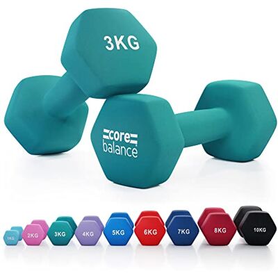 Balance Neoprene Hex Dumbbells, Pair, 3kg, Teal Balance Neoprene Hex Dumbbells, Pair, 3kg, Teal