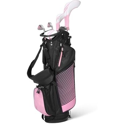 Amazon Basics Golf Club Set, 6- Piece with Stand Bag, Oversized Clubface, Low Center of Gravity, Right handed, Pink/Black Amazon Basics Golf Club Set, 6- Piece with Stand Bag, Oversized Clubface, Low Center of Gravity, Right handed, Pink/Black