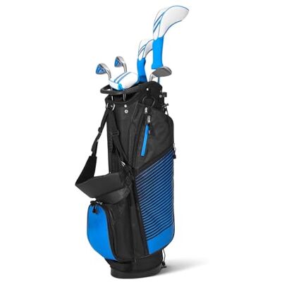 Amazon Basics Golf Club Set, 6- Piece with Stand Bag, Oversized Clubface, Low Center of Gravity, Right handed, Blue/Black Amazon Basics Golf Club Set, 6- Piece with Stand Bag, Oversized Clubface, Low Center of Gravity, Right handed, Blue/Black