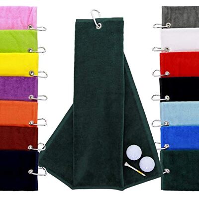 aztex Tri-Fold Golf Towel with Carabiner Clip, Cotton Velour, 590gsm, Forest aztex Tri-Fold Golf Towel with Carabiner Clip, Cotton Velour, 590gsm, Forest