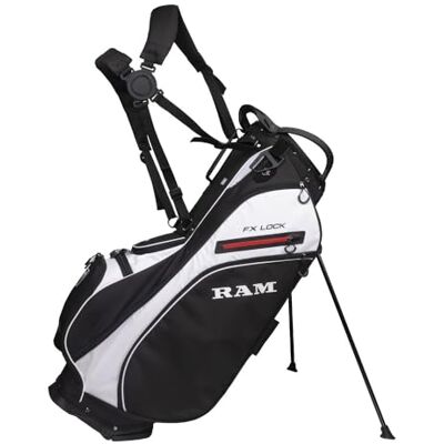 Ram Golf FX-LOCK Stand Bag with 14-Way Silent Lock-In Divider Top, 8 Pockets, Dual Strap, EVA Hip Pad & Auto-Deploy Stand — Lightweight 3.4 kg Carry Bag for Men & Women Ram Golf FX-LOCK Stand Bag with 14-Way Silent Lock-In Divider Top, 8 Pockets, Dual Strap, EVA Hip Pad & Auto-Deploy Stand — Lightweight 3.4 kg Carry Bag for Men & Women