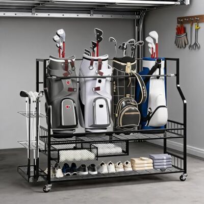 Koioplie Mobile Golf Storage Rack with Drawers & Lockable Castors, Heavy Duty Golf Bag Organiser Stand for Clubs Shoes Balls Gloves Accessories, Rolling Golf Caddy Holder for Garage Home Use Koioplie Mobile Golf Storage Rack with Drawers & Lockable Castors, Heavy Duty Golf Bag Organiser Stand for Clubs Shoes Balls Gloves Accessories, Rolling Golf Caddy Holder for Garage Home Use