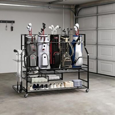 Koioplie Mobile Golf Storage Rack with Drawers & Lockable Castors, Heavy Duty Golf Bag Organiser Stand for Clubs Shoes Balls Gloves Accessories, Rolling Golf Caddy Holder for Garage Home Use Koioplie Mobile Golf Storage Rack with Drawers & Lockable Castors, Heavy Duty Golf Bag Organiser Stand for Clubs Shoes Balls Gloves Accessories, Rolling Golf Caddy Holder for Garage Home Use