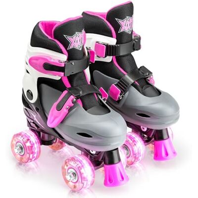 Xootz Kids Roller Skates, Adjustable LED Quad Skates, Pink, UK Sizes 9-12 Beginner Light Up Kids 4 Wheel Roller Boots with Adjustable Fit for Boys and Girls, Indoor/Outdoor Use Xootz Kids Roller Skates, Adjustable LED Quad Skates, Pink, UK Sizes 9-12 Beginner Light Up Kids 4 Wheel Roller Boots with Adjustable Fit for Boys and Girls, Indoor/Outdoor Use