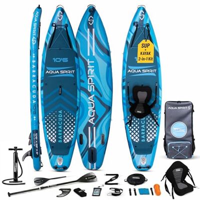 AQUA SPIRIT Barracuda SUP 10'6 2-in-1 Inflatable Paddle Board & Kayak Kit 2-in-1 SUP & Kayak, Inc. Paddle & Kayak Blade, Clips, Seat, Pump, Leash, Bag, Change Mat, Phone Case, Bottle Holder 150kg Max AQUA SPIRIT Barracuda SUP 10'6 2-in-1 Inflatable Paddle Board & Kayak Kit 2-in-1 SUP & Kayak, Inc. Paddle & Kayak Blade, Clips, Seat, Pump, Leash, Bag, Change Mat, Phone Case, Bottle Holder 150kg Max