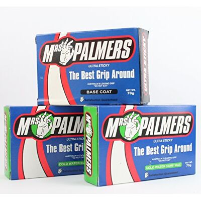 Mrs Palmers 1 x Base Coat and 2 x Cold Water Top Coat Surfboard Wax Mrs Palmers 1 x Base Coat and 2 x Cold Water Top Coat Surfboard Wax