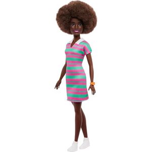 Barbie Fashionistas Doll #247 with Curly Black Hair, Pink and Green Striped Collared Dress with Accessories like Orange Watch and White Sneakers, JJN60 Barbie Fashionistas Doll #247 with Curly Black Hair, Pink and Green Striped Collared Dress with Accessories like Orange Watch and White Sneakers, JJN60