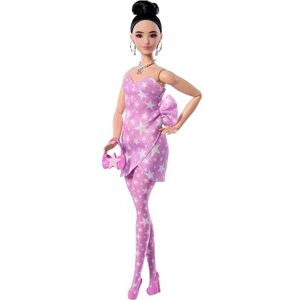 Barbie Deluxe Style Doll #11 in Pink Denim Star-Print Dress with Matching Tights, Black Hair in High Bun, Accessories like Handbag and Jewelry, JJN71 Barbie Deluxe Style Doll #11 in Pink Denim Star-Print Dress with Matching Tights, Black Hair in High Bun, Accessories like Handbag and Jewelry, JJN71