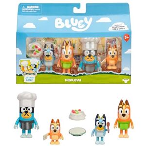 Bluey It's Time For Pavlova With This Pavlova 4 Pack, Includes, Bingo, Bandit In His Chef Hat and Chilli and 2 Accessories, Four 6-7.6 CM Articulated Figures Bluey It's Time For Pavlova With This Pavlova 4 Pack, Includes, Bingo, Bandit In His Chef Hat and Chilli and 2 Accessories, Four 6-7.6 CM Articulated Figures
