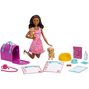 Barbie Doll and Accessories Pup Adoption Playset with Brunette Doll in Pink, 2 Puppies, Color-Change Animal and Pee Pad, Working Carrier and 10 Pieces, HKD87 Barbie Doll and Accessories Pup Adoption Playset with Brunette Doll in Pink, 2 Puppies, Color-Change Animal and Pee Pad, Working Carrier and 10 Pieces, HKD87