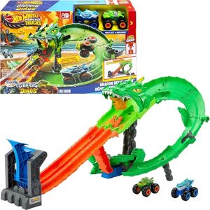 Hot Wheels Toy Monster Trucks, Sharks vs. Dinos Dragon Destruction Playset with 1:64 Scale Great Bite & Rageasaur, Race to Defeat the Cyborg Nemesis, JGB06 Hot Wheels Toy Monster Trucks, Sharks vs. Dinos Dragon Destruction Playset with 1:64 Scale Great Bite & Rageasaur, Race to Defeat the Cyborg Nemesis, JGB06