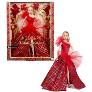 Barbie Signature Doll, 2024 Holiday Blonde Fashion Doll Wearing Gown with Plaid Skirt, Seasonal Collector Gift in Displayable Packaging, HRM65 Barbie Signature Doll, 2024 Holiday Blonde Fashion Doll Wearing Gown with Plaid Skirt, Seasonal Collector Gift in Displayable Packaging, HRM65