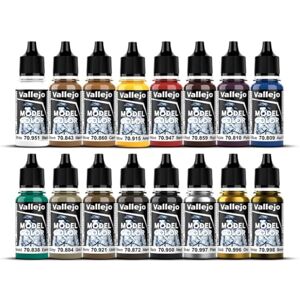 Vallejo Model Color Set, 16 Acrylic Paints for Miniatures, Matte Finish, 18 ml Bottles with Dropper, Includes Color Chart for Modeling and Dioramas Vallejo Model Color Set, 16 Acrylic Paints for Miniatures, Matte Finish, 18 ml Bottles with Dropper, Includes Color Chart for Modeling and Dioramas