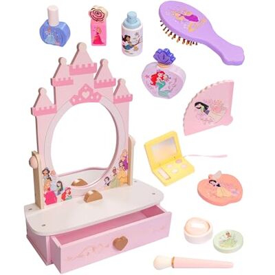 Disney Wooden Vanity Unit with Mirror & 10 Accessories – Kids Pretend Play Dressing Table Set – Durable Wooden Design Featuring Rapunzel, Belle, Ariel & More – Ages 3+ Disney Wooden Vanity Unit with Mirror & 10 Accessories – Kids Pretend Play Dressing Table Set – Durable Wooden Design Featuring Rapunzel, Belle, Ariel & More – Ages 3+
