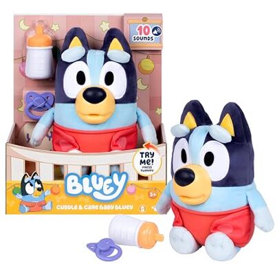 Bluey Cuddle And Care Baby, Nurture, Feed, and Soothe Baby, 28 CM Electronic Plush Toy With 10 Different Sounds, With 2 Accessories and Removable Diaper Bluey Cuddle And Care Baby, Nurture, Feed, and Soothe Baby, 28 CM Electronic Plush Toy With 10 Different Sounds, With 2 Accessories and Removable Diaper