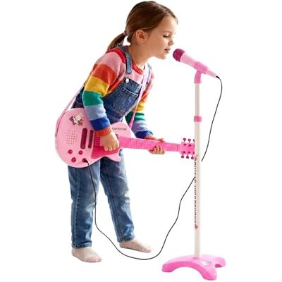 The Magic Toy Shop Kids Guitar and Microphone Set with 6 Strings Adjustable Stand, 8 Demo Songs, Removable Mic Great for Early Musical Skills, Toddler Performances, Creative Play, Girls, Ages 3+ The Magic Toy Shop Kids Guitar and Microphone Set with 6 Strings Adjustable Stand, 8 Demo Songs, Removable Mic Great for Early Musical Skills, Toddler Performances, Creative Play, Girls, Ages 3+