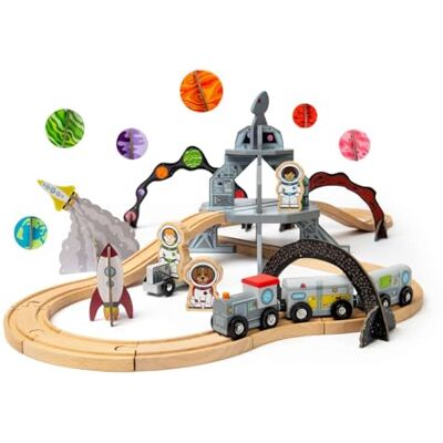 Bigjigs Rail Space Train Set 40pc Wooden Railway for Toddlers Montessori Station Toy Futuristic Rocket & Astronauts FSC Certified Wood Kids Galactic Play Fun Early Learning Gift Ages 3+ Bigjigs Rail Space Train Set 40pc Wooden Railway for Toddlers Montessori Station Toy Futuristic Rocket & Astronauts FSC Certified Wood Kids Galactic Play Fun Early Learning Gift Ages 3+