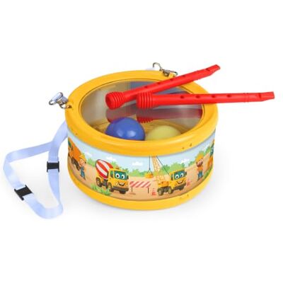 LENA Funny drum vehicles, children's drum with balls inside and colourful vehicle motif, diameter 21 cm with carrying strap, made in Europe, drum for children from 3 years LENA Funny drum vehicles, children's drum with balls inside and colourful vehicle motif, diameter 21 cm with carrying strap, made in Europe, drum for children from 3 years