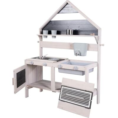 roba Mud Kitchen for Children in House Design Functional Outdoor Play Kitchen incl. Accessories for Girls & Boys FSC-certified Solid Wood Grey Stained roba Mud Kitchen for Children in House Design Functional Outdoor Play Kitchen incl. Accessories for Girls & Boys FSC-certified Solid Wood Grey Stained