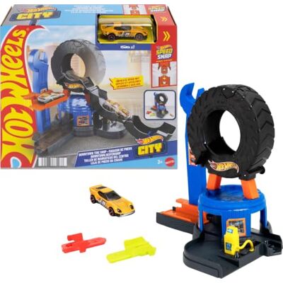 Hot Wheels Toy Car Track Set, City Downtown Tire Shop Playset & 1:64 Scale Die-Cast Tow Truck, Multidirectional Play, Speed Snap Track Compatible, JHL75 Hot Wheels Toy Car Track Set, City Downtown Tire Shop Playset & 1:64 Scale Die-Cast Tow Truck, Multidirectional Play, Speed Snap Track Compatible, JHL75