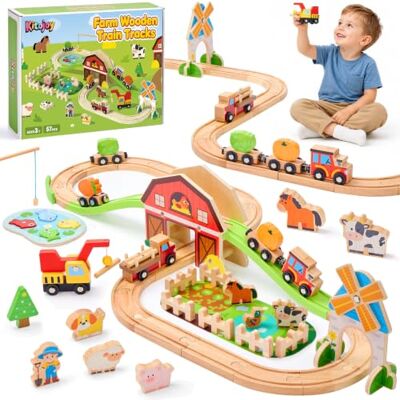 Kitojoy Farm Animal Wooden Train Set, Toys for 3+ Year Old Boys Girls 57 Pcs Magnetic Wooden Train Track Set with Crane Truck, Fish Pond & Play Mat, Educational Toys Gifts for 2+ Year Old Toddler Kitojoy Farm Animal Wooden Train Set, Toys for 3+ Year Old Boys Girls 57 Pcs Magnetic Wooden Train Track Set with Crane Truck, Fish Pond & Play Mat, Educational Toys Gifts for 2+ Year Old Toddler