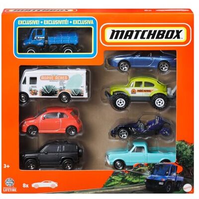 Matchbox 1:64 Scale Die-Cast Toy Cars or Trucks (Assorted Styles, One Random Set), Set of 8, Themed Multipack of 8 Vehicles Including 1 Exclusive, HVR81 Matchbox 1:64 Scale Die-Cast Toy Cars or Trucks (Assorted Styles, One Random Set), Set of 8, Themed Multipack of 8 Vehicles Including 1 Exclusive, HVR81