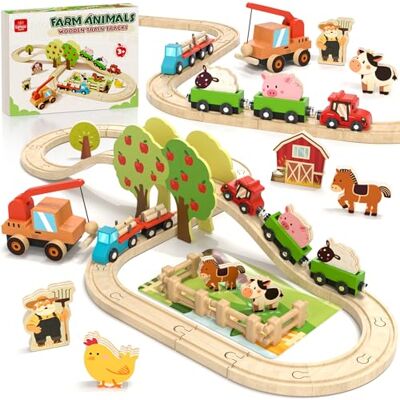 Lehoo Castle Farm Wooden Train Set, Railway Toy for Toddlers Age 3+ 47 Pcs Railway Play, Animal Figures Included, Build Push And Play, Gift For Age 3+, Compatible With Major Wooden Track Brands Lehoo Castle Farm Wooden Train Set, Railway Toy for Toddlers Age 3+ 47 Pcs Railway Play, Animal Figures Included, Build Push And Play, Gift For Age 3+, Compatible With Major Wooden Track Brands