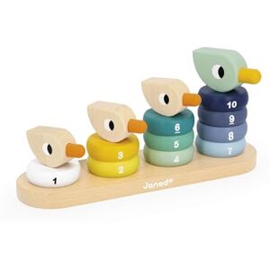 Janod Wooden stacking ducks 14 numbered pieces included Wooden rods on secure elastic bands Suitable for learning numbers and fine motor skills From 12 months Janod Wooden stacking ducks 14 numbered pieces included Wooden rods on secure elastic bands Suitable for learning numbers and fine motor skills From 12 months