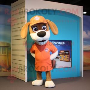 REDBROKOLY Peach Dog mascot costume character dressed with a Board Shorts and Cufflinks