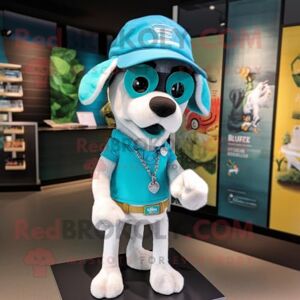 REDBROKOLY Turquoise Dog mascot costume character dressed with a Graphic Tee and Hats