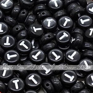 Little Snow Direct 100pcs 7mm Acrylic Letter Coin Beads A - Z Disc Alphabet Beads - T, Black