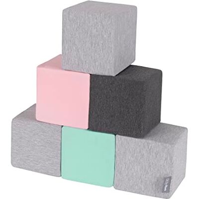 KiddyMoon Soft Foam Cubes Building Blocks 14Cm For Children Multifunctional Foam Construction Montessori Toy For Babies, Made In The EU, 6 Pieces, Cubes:Light Grey-Dark Grey-Pink-Mint KiddyMoon Soft Foam Cubes Building Blocks 14Cm For Children Multifunctional Foam Construction Montessori Toy For Babies, Made In The EU, 6 Pieces, Cubes:Light Grey-Dark Grey-Pink-Mint