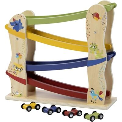 Tiny Love Wooden Race Car Ramp Toy, Zig Zag Car Slide Toy with 4 Easy-Roll Wooden Race Cars, Fine Motor Skills, Cognitive Development, Natural Design, 18+ Months, Born To Party Tiny Love Wooden Race Car Ramp Toy, Zig Zag Car Slide Toy with 4 Easy-Roll Wooden Race Cars, Fine Motor Skills, Cognitive Development, Natural Design, 18+ Months, Born To Party