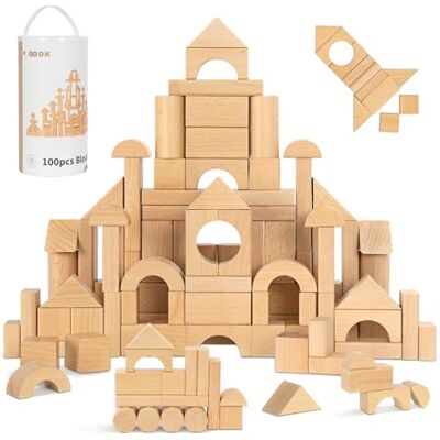 OOOK 100pcs Natural Beech Wood Building Blocks for Toddlers 1-3 Kids Wooden Blocks with Storage Bucket and Shape Sorter Lid, Preschool Learning Toys for Boys and Girls OOOK 100pcs Natural Beech Wood Building Blocks for Toddlers 1-3 Kids Wooden Blocks with Storage Bucket and Shape Sorter Lid, Preschool Learning Toys for Boys and Girls