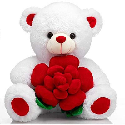 BEJOY Teddy Bear Stuffed Animals Plush Bear Holding Rose Soft White Toy Gift for Valentine's Day 16 Inch White BEJOY Teddy Bear Stuffed Animals Plush Bear Holding Rose Soft White Toy Gift for Valentine's Day 16 Inch White