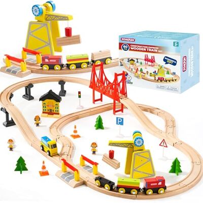 SYNCFUN 60PCS Montessori Wooden Train Set Construction Express, Engineering Railway with Magnetic Crane, Trains & Accessories, Birthday Gift Train Set Toy for 3 4 5 Years Old Toddlers Boys Girls SYNCFUN 60PCS Montessori Wooden Train Set Construction Express, Engineering Railway with Magnetic Crane, Trains & Accessories, Birthday Gift Train Set Toy for 3 4 5 Years Old Toddlers Boys Girls