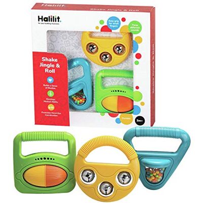 Halilit Musical Baby Shapes Musical Instrument Gift Set. Shaker Maraca, Ring my Bell and Rattle Roller. 3 Brightly Coloured, Durable, Sensory Music Toys. Suitable infants Boys & Girls 3 Months + Halilit Musical Baby Shapes Musical Instrument Gift Set. Shaker Maraca, Ring my Bell and Rattle Roller. 3 Brightly Coloured, Durable, Sensory Music Toys. Suitable infants Boys & Girls 3 Months +