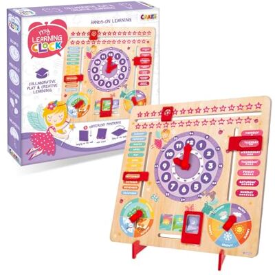 CRAZE English Learning Clock for Kids: Hours, Weather, Months, Days of the Week... Educational Wooden Toy with Princess Design, Violet CRAZE English Learning Clock for Kids: Hours, Weather, Months, Days of the Week... Educational Wooden Toy with Princess Design, Violet