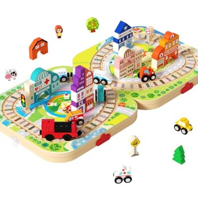 edutree Wooden City Building Blocks Train Track Set, 58PCS Construction Stacking Toddler Toy with Portable Folding Playboard Case, Montessori Preschool Educational Gift for Kids Boys Girls 3-5 4-8 edutree Wooden City Building Blocks Train Track Set, 58PCS Construction Stacking Toddler Toy with Portable Folding Playboard Case, Montessori Preschool Educational Gift for Kids Boys Girls 3-5 4-8