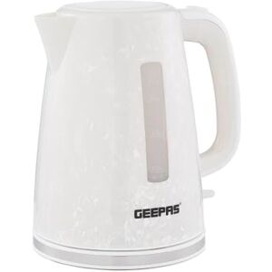 GEEPAS 1.7L Electric Kettle Premium Kettle with 360° Rotational Base, Cordless Concealed Heating, Strix Controller Space Saving Cord Storage & LED Indicator 2 Year Warranty 2200W Skye White GEEPAS 1.7L Electric Kettle Premium Kettle with 360° Rotational Base, Cordless Concealed Heating, Strix Controller Space Saving Cord Storage & LED Indicator 2 Year Warranty 2200W Skye White