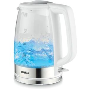 Tower PT10090WHT Illuminating Glass Kettle with Removable Filter, Boil Dry Protection, 1.7L, 2200W,White & Stainless Steel Tower PT10090WHT Illuminating Glass Kettle with Removable Filter, Boil Dry Protection, 1.7L, 2200W,White & Stainless Steel