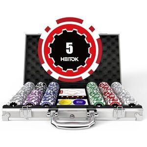 HEITOK Poker Chips Set with Denominations, 300pcs 11.5g Professional Numbered Chips with Aluminum Case Includes 5 Dice & 2 Decks of Pokers for Texas Hold'em HEITOK Poker Chips Set with Denominations, 300pcs 11.5g Professional Numbered Chips with Aluminum Case Includes 5 Dice & 2 Decks of Pokers for Texas Hold'em