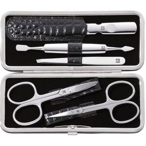 ZWILLING Manicure Set (5 piece, for fingernail and toenail care, genuine leather case with metal frame), Polished Stainless Steel, Crocodile Edition, Black ZWILLING Manicure Set (5 piece, for fingernail and toenail care, genuine leather case with metal frame), Polished Stainless Steel, Crocodile Edition, Black
