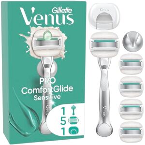 Gillette Pro ComfortGlide Sensitive Women’s Razor with a Touch of Aloe, 5 Refill Razor Cartridges, Reusable Metal Handle and Shower Holder Gillette Pro ComfortGlide Sensitive Women’s Razor with a Touch of Aloe, 5 Refill Razor Cartridges, Reusable Metal Handle and Shower Holder