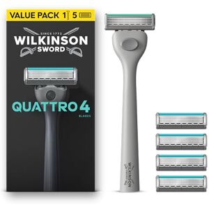 Wilkinson Sword Quattro Razors for Men, Value Pack, Diamond Coated 4 Blades, Men's Shaver Razor Handle plus 5 Blade Refills Wilkinson Sword Quattro Razors for Men, Value Pack, Diamond Coated 4 Blades, Men's Shaver Razor Handle plus 5 Blade Refills