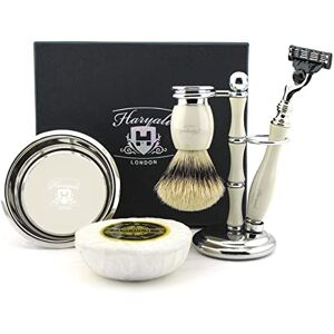 Haryali London Pure Silver Tip Badger Hair Brush in Ivory Colour Set Includes Triple Edge Razor, Holder, Saving Bowl and Soap Special Edition Haryali London Pure Silver Tip Badger Hair Brush in Ivory Colour Set Includes Triple Edge Razor, Holder, Saving Bowl and Soap Special Edition