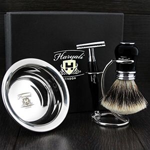 Haryali London Ready to Use 4 Pcs Men's Shaving Set with Double Edge Safety Razor, Sliver Tip Badger Hair Brush, Stand and Steel Soap Bowl Haryali London Ready to Use 4 Pcs Men's Shaving Set with Double Edge Safety Razor, Sliver Tip Badger Hair Brush, Stand and Steel Soap Bowl