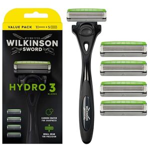 Wilkinson Sword Hydro 3 Razor For Men Carbon Coated Blades Hydrating Gel & Skin Guards Razor Handle plus 5 Blades Wilkinson Sword Hydro 3 Razor For Men Carbon Coated Blades Hydrating Gel & Skin Guards Razor Handle plus 5 Blades